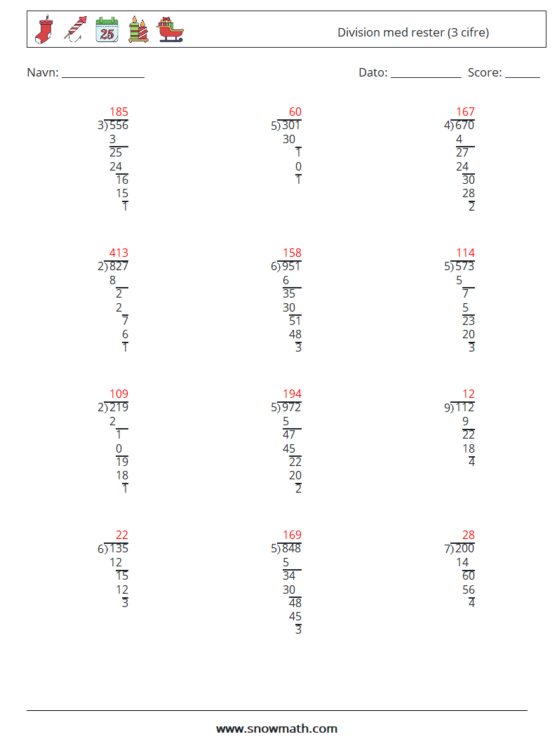 (12) Division med rester (3 cifre) Matematiske regneark 6 Spørgsmål, svar
