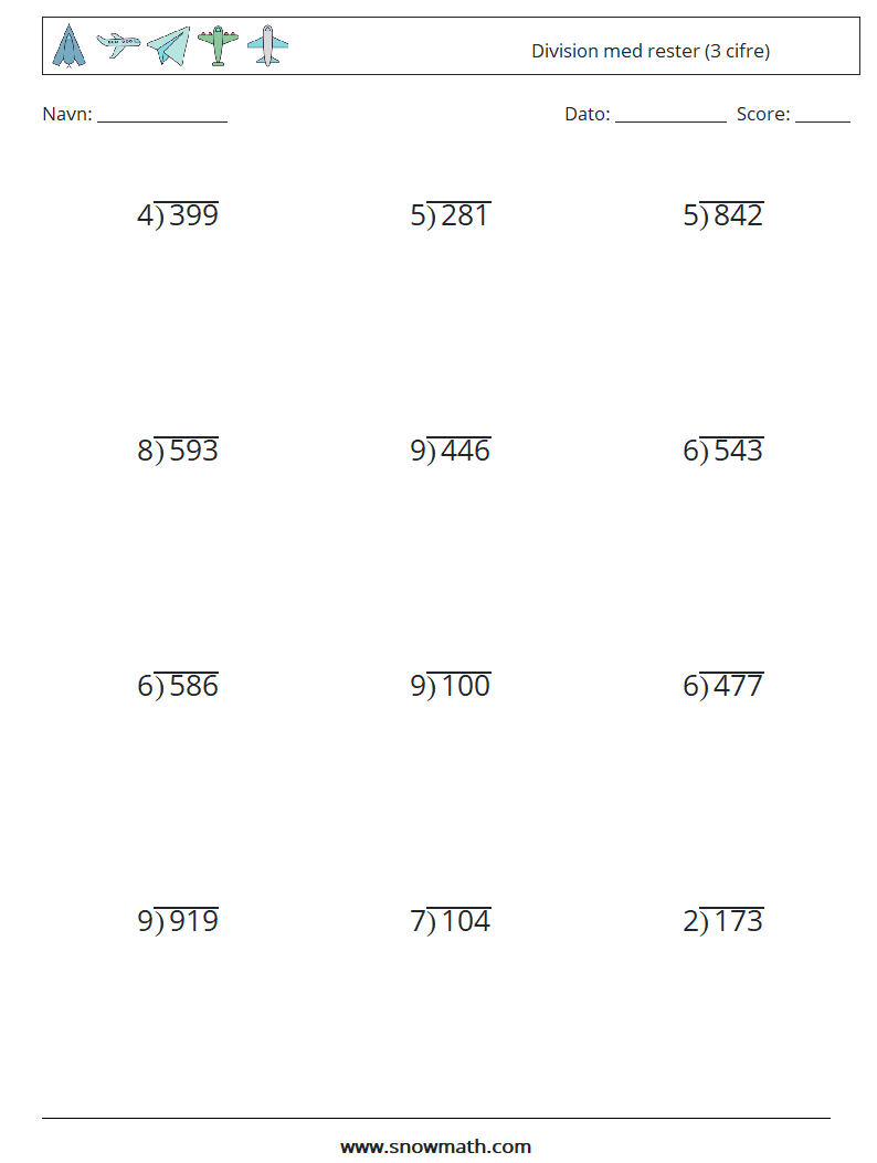 (12) Division med rester (3 cifre) Matematiske regneark 7