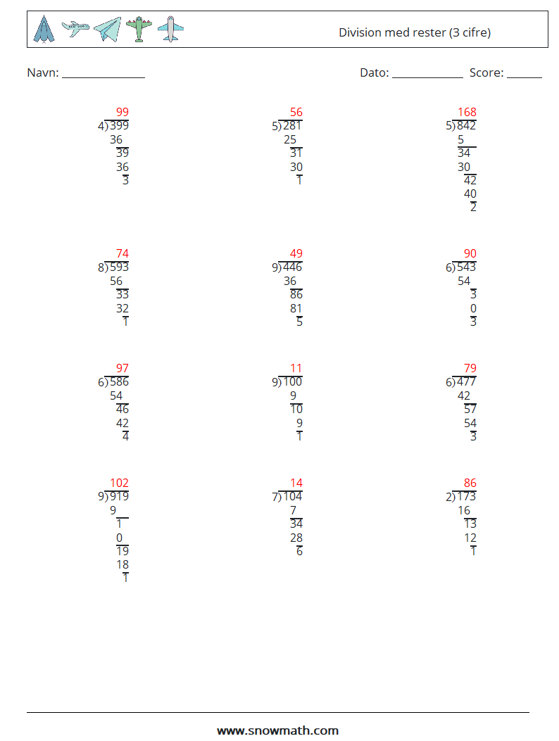 (12) Division med rester (3 cifre) Matematiske regneark 7 Spørgsmål, svar