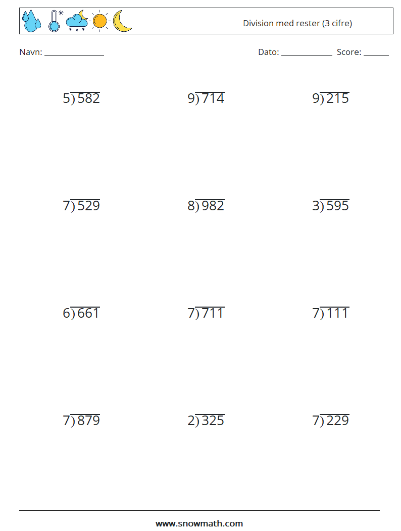(12) Division med rester (3 cifre) Matematiske regneark 8