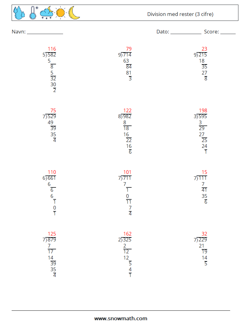 (12) Division med rester (3 cifre) Matematiske regneark 8 Spørgsmål, svar