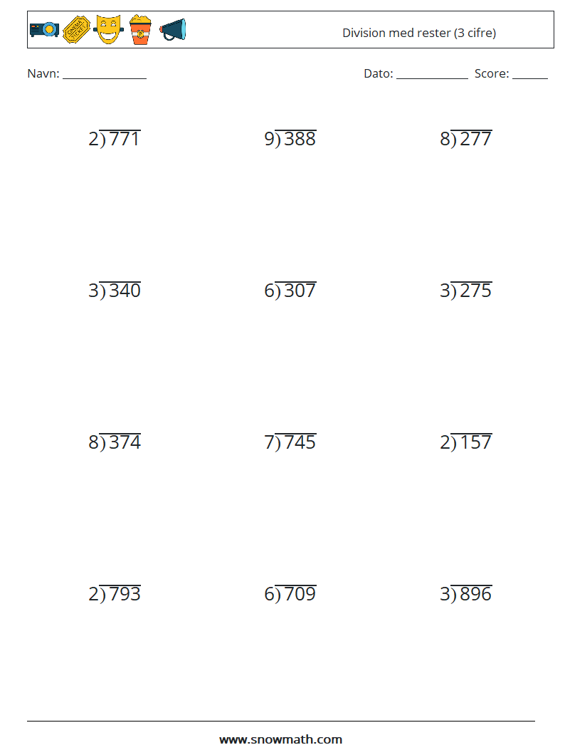 (12) Division med rester (3 cifre) Matematiske regneark 9