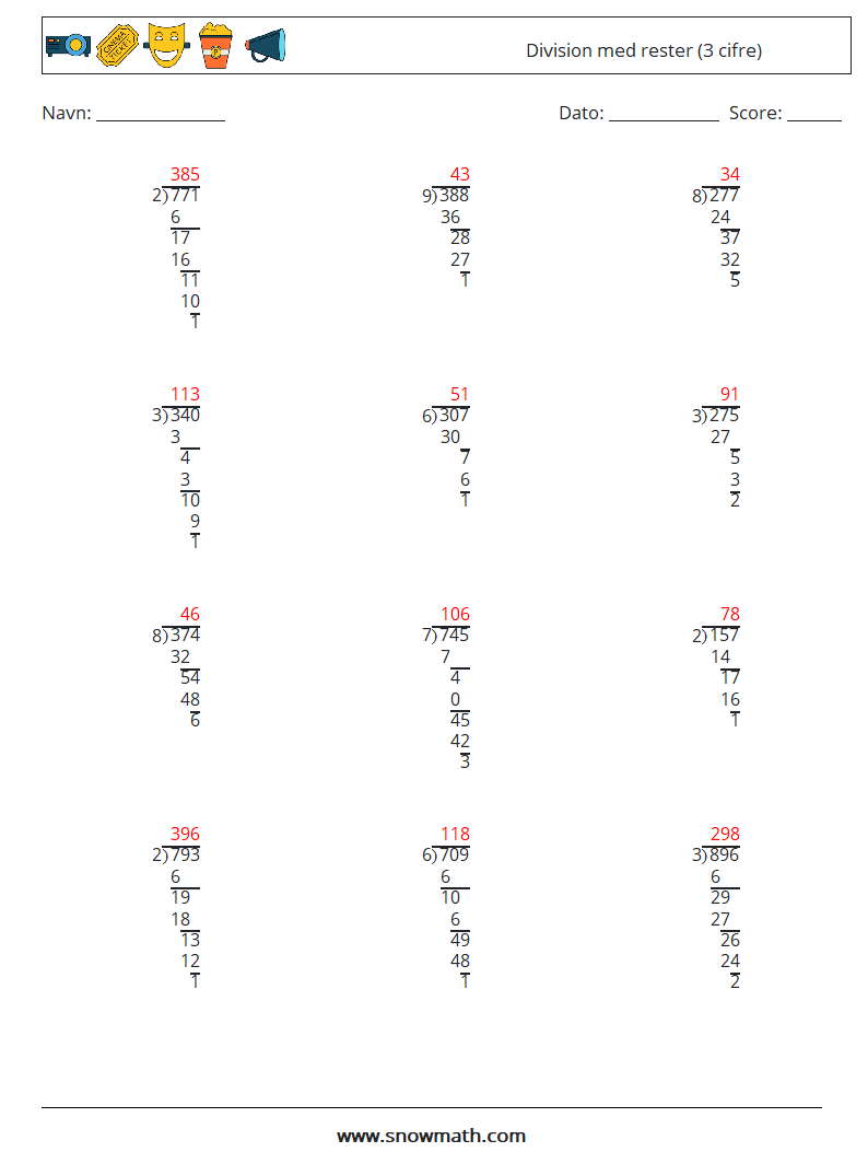 (12) Division med rester (3 cifre) Matematiske regneark 9 Spørgsmål, svar