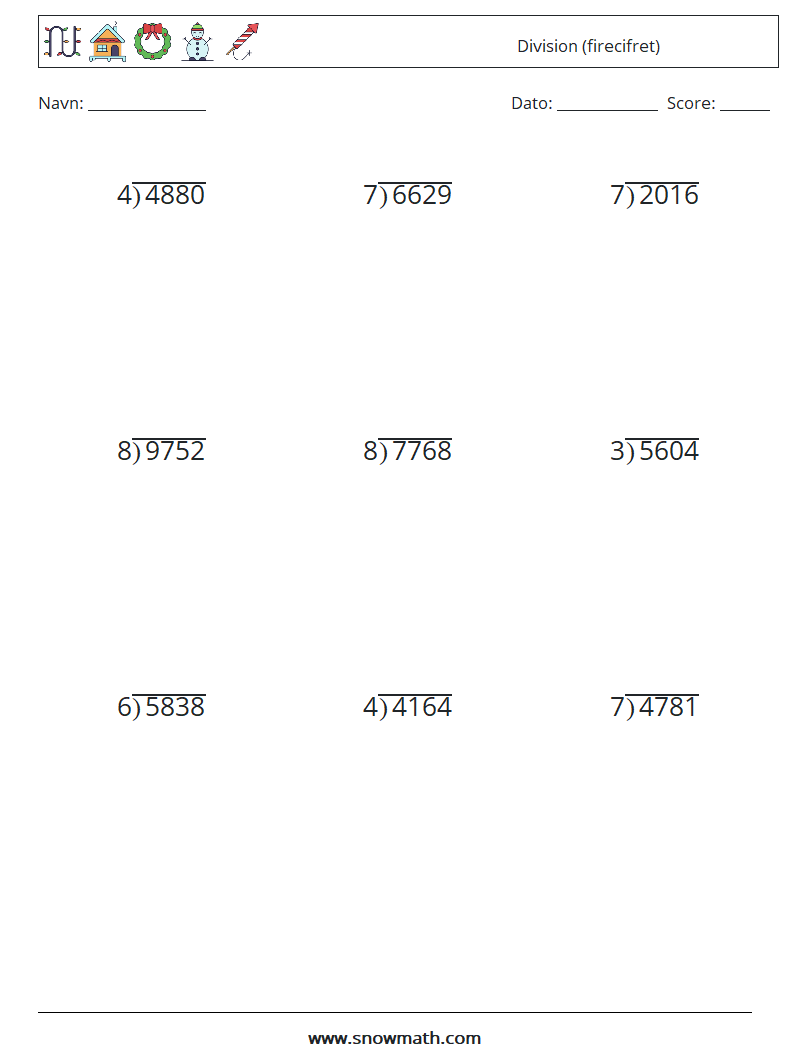 (9) Division (firecifret) Matematiske regneark 1