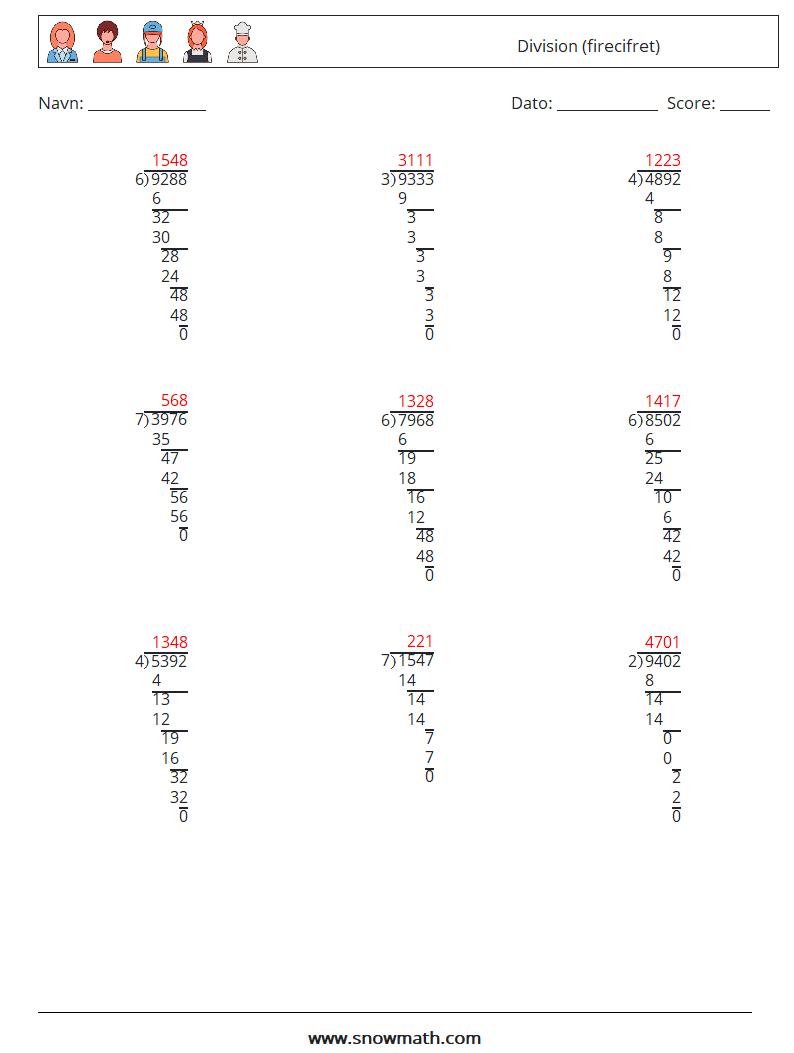 (9) Division (firecifret) Matematiske regneark 12 Spørgsmål, svar