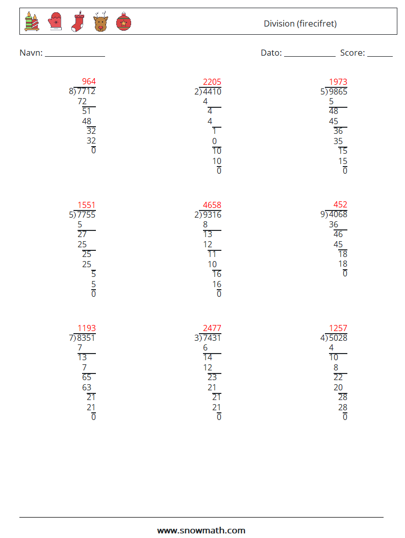 (9) Division (firecifret) Matematiske regneark 13 Spørgsmål, svar