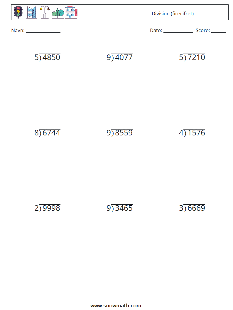 (9) Division (firecifret) Matematiske regneark 17