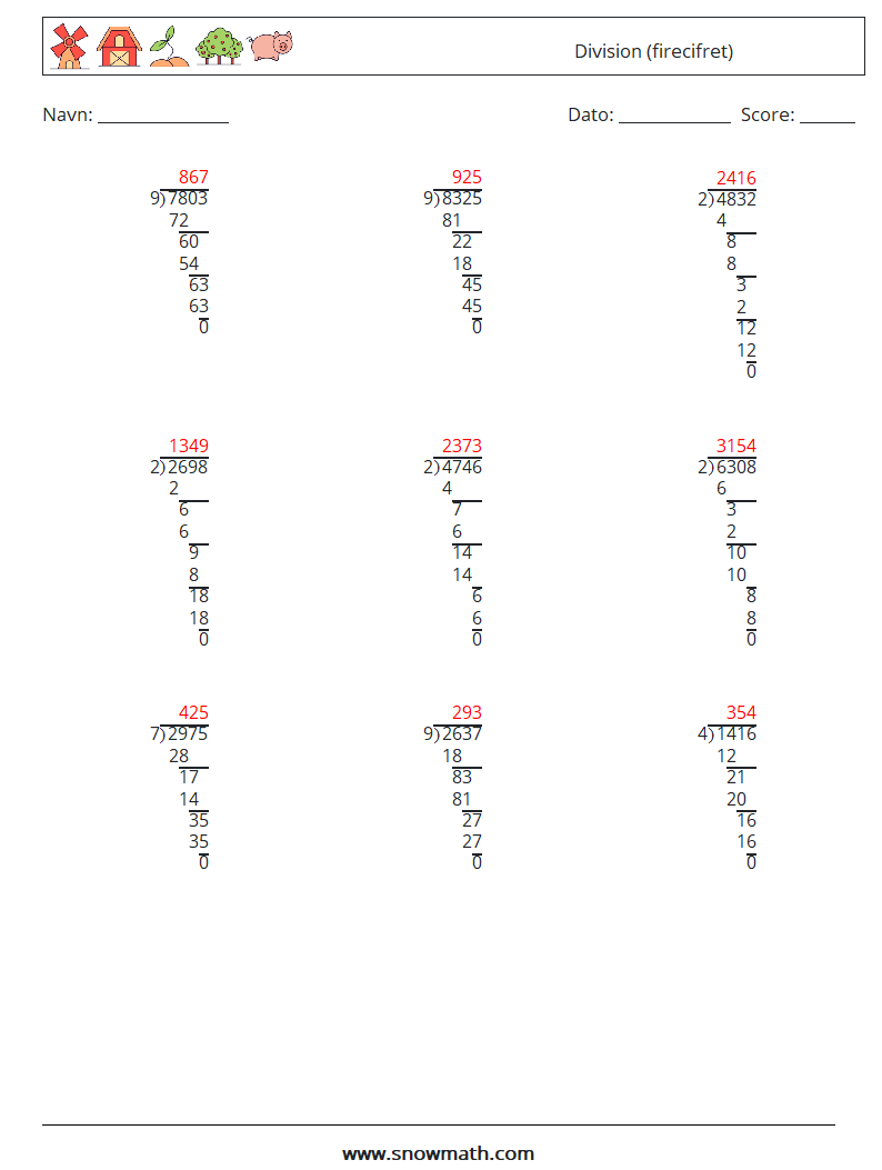 (9) Division (firecifret) Matematiske regneark 18 Spørgsmål, svar