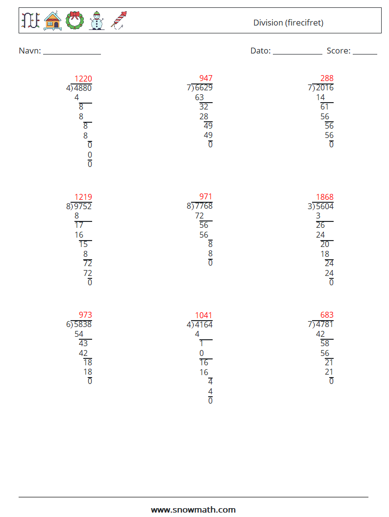 (9) Division (firecifret) Matematiske regneark 1 Spørgsmål, svar