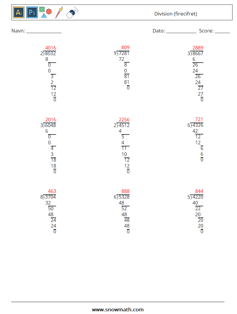 (9) Division (firecifret) Matematiske regneark 2 Spørgsmål, svar