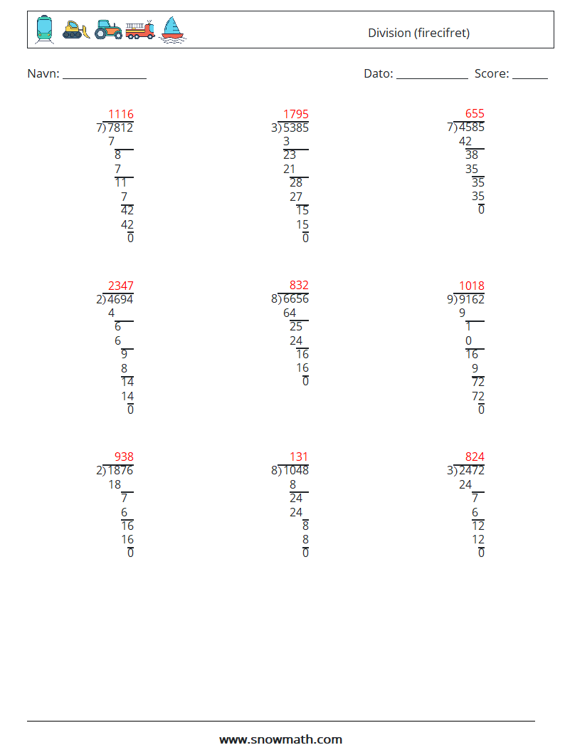 (9) Division (firecifret) Matematiske regneark 4 Spørgsmål, svar