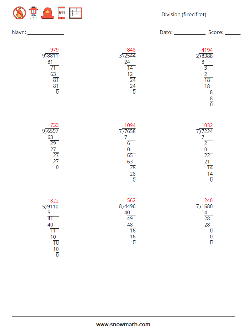 (9) Division (firecifret) Matematiske regneark 6 Spørgsmål, svar