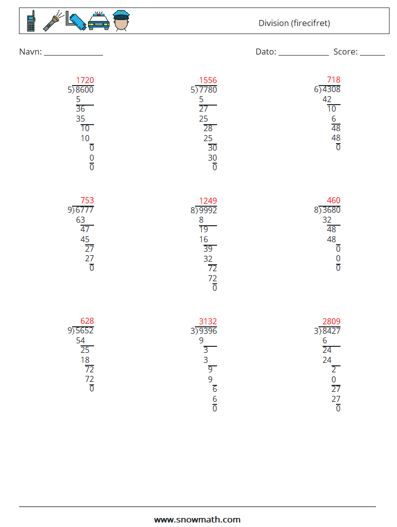 (9) Division (firecifret) Matematiske regneark 8 Spørgsmål, svar