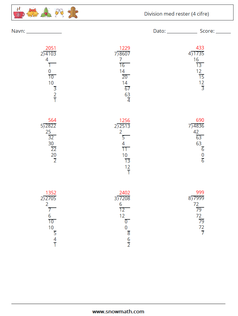 (9) Division med rester (4 cifre) Matematiske regneark 5 Spørgsmål, svar
