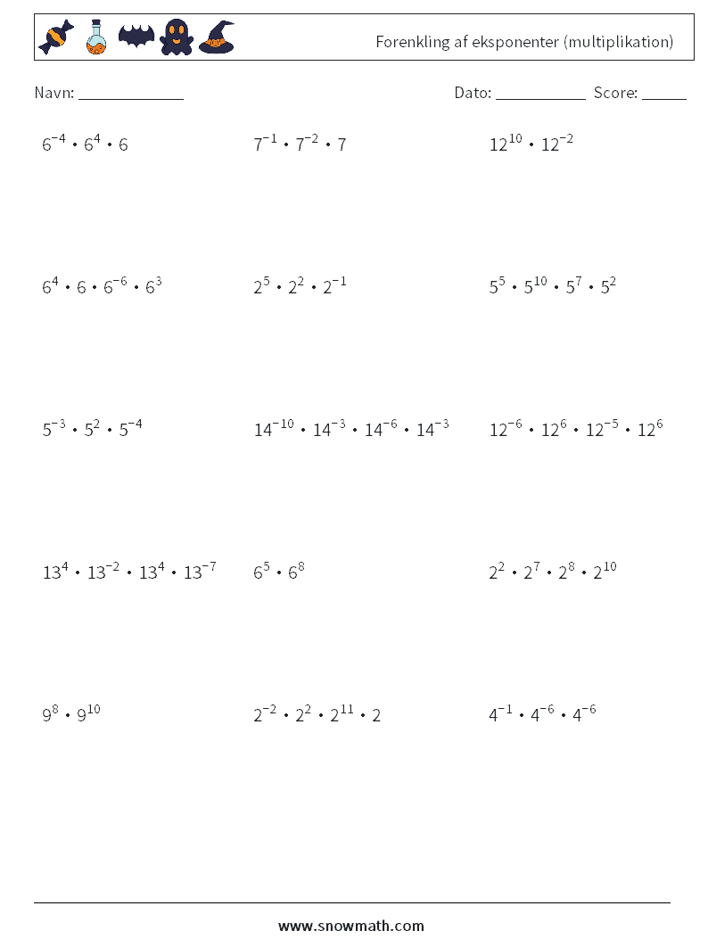 Forenkling af eksponenter (multiplikation) Matematiske regneark 1