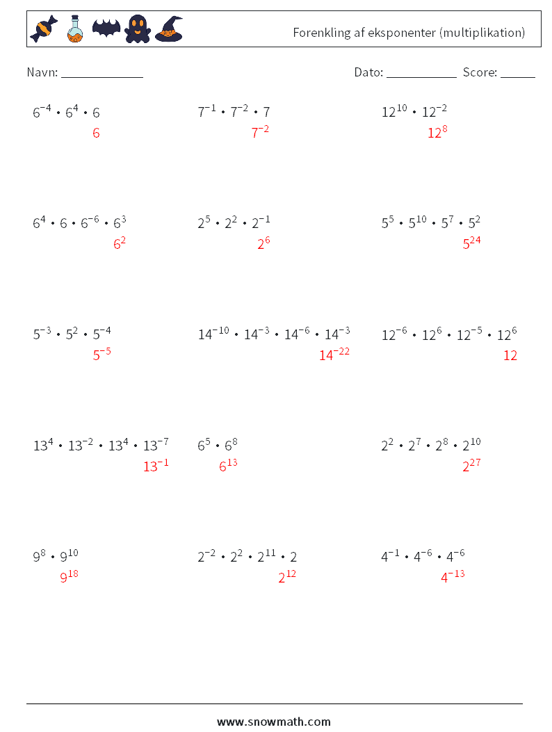 Forenkling af eksponenter (multiplikation) Matematiske regneark 1 Spørgsmål, svar