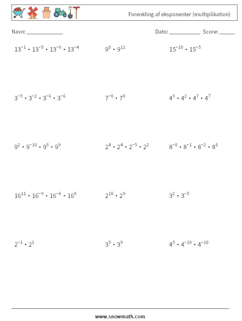 Forenkling af eksponenter (multiplikation) Matematiske regneark 2
