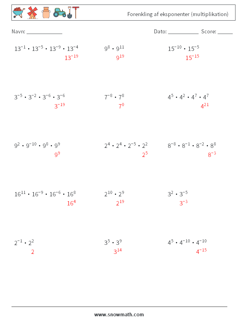 Forenkling af eksponenter (multiplikation) Matematiske regneark 2 Spørgsmål, svar