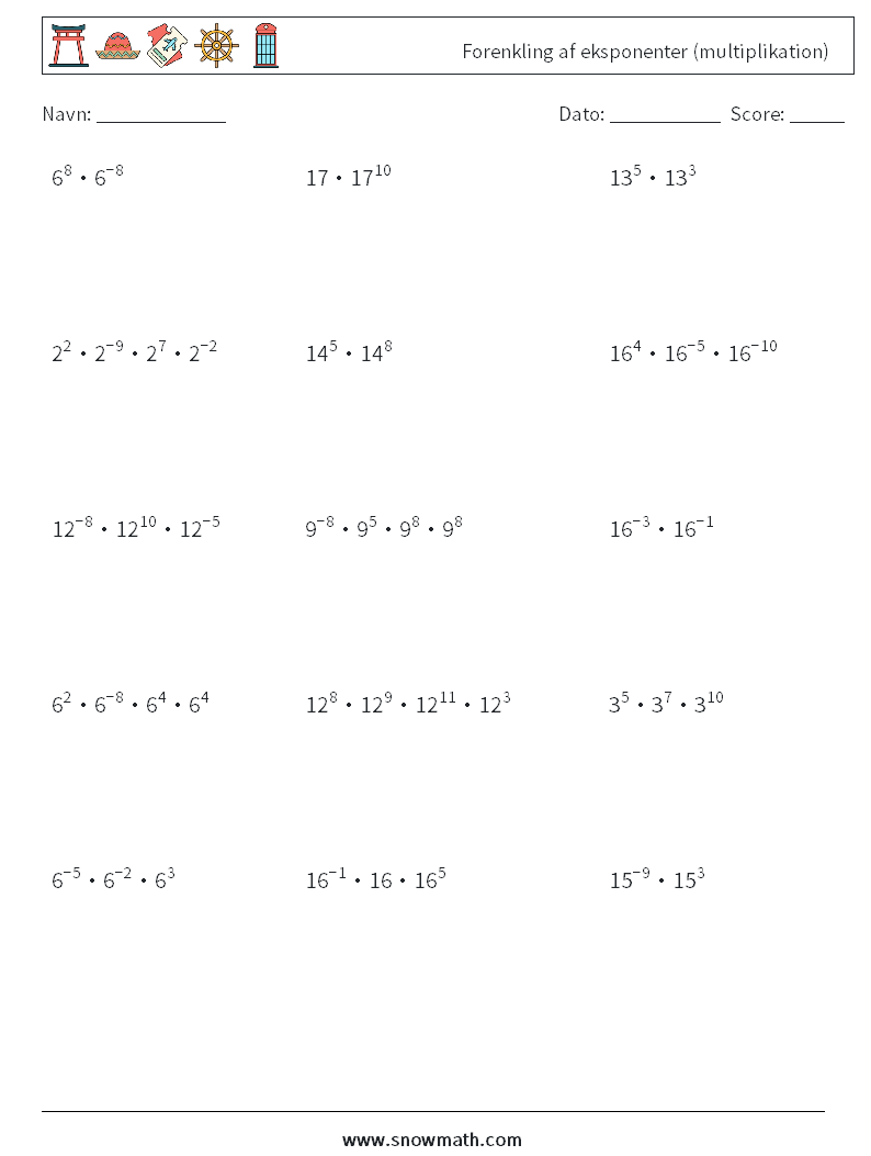 Forenkling af eksponenter (multiplikation) Matematiske regneark 3