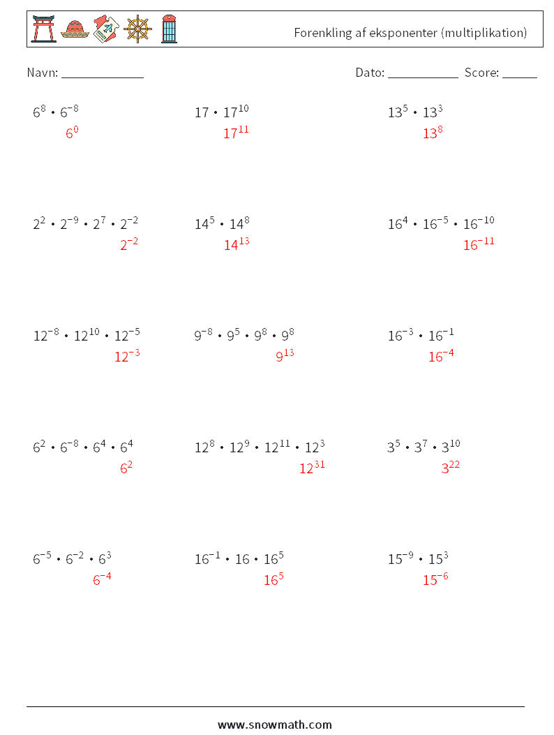 Forenkling af eksponenter (multiplikation) Matematiske regneark 3 Spørgsmål, svar