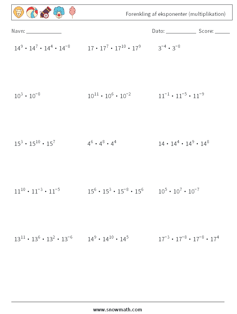 Forenkling af eksponenter (multiplikation) Matematiske regneark 4