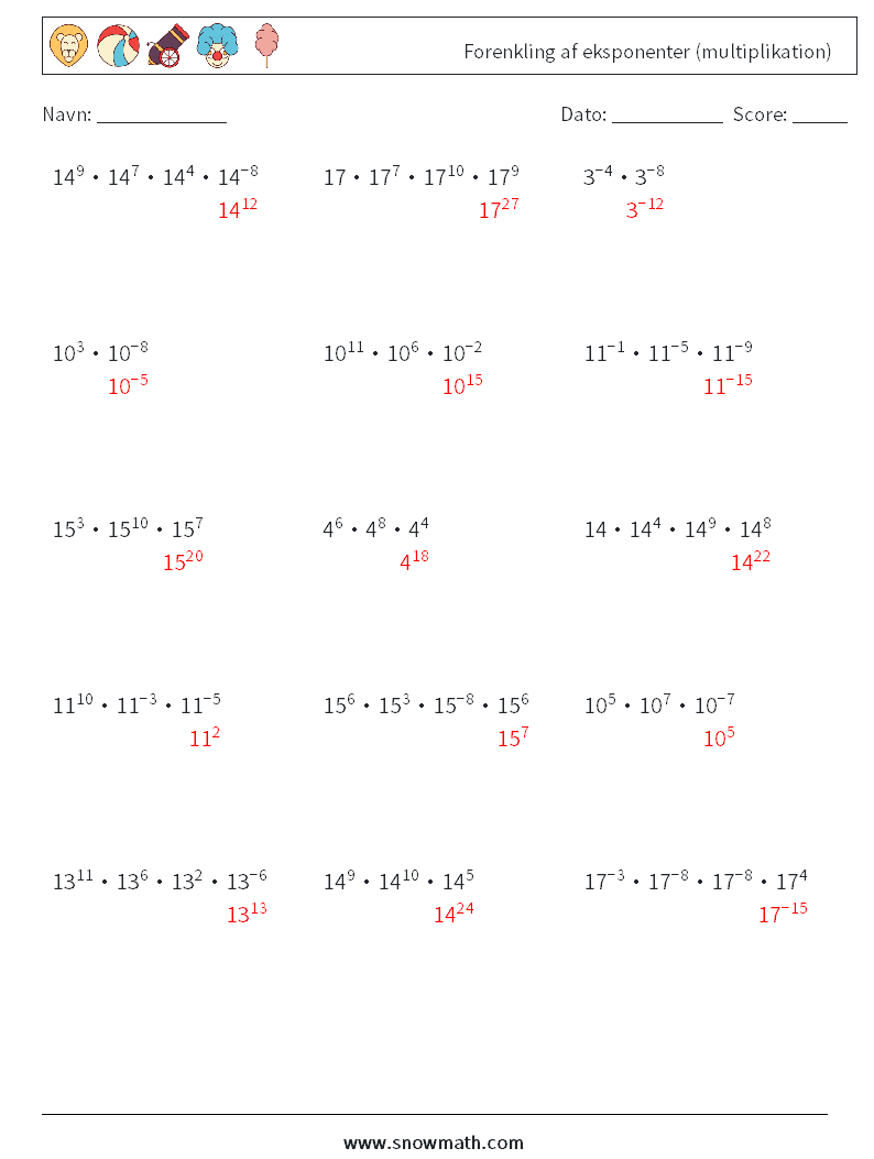 Forenkling af eksponenter (multiplikation) Matematiske regneark 4 Spørgsmål, svar