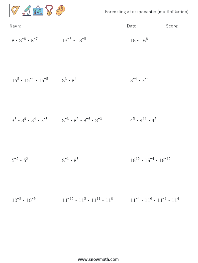 Forenkling af eksponenter (multiplikation) Matematiske regneark 5