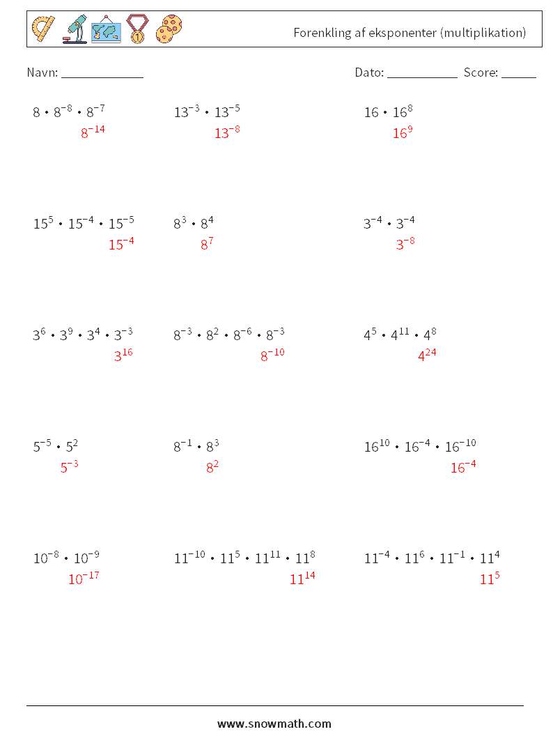 Forenkling af eksponenter (multiplikation) Matematiske regneark 5 Spørgsmål, svar