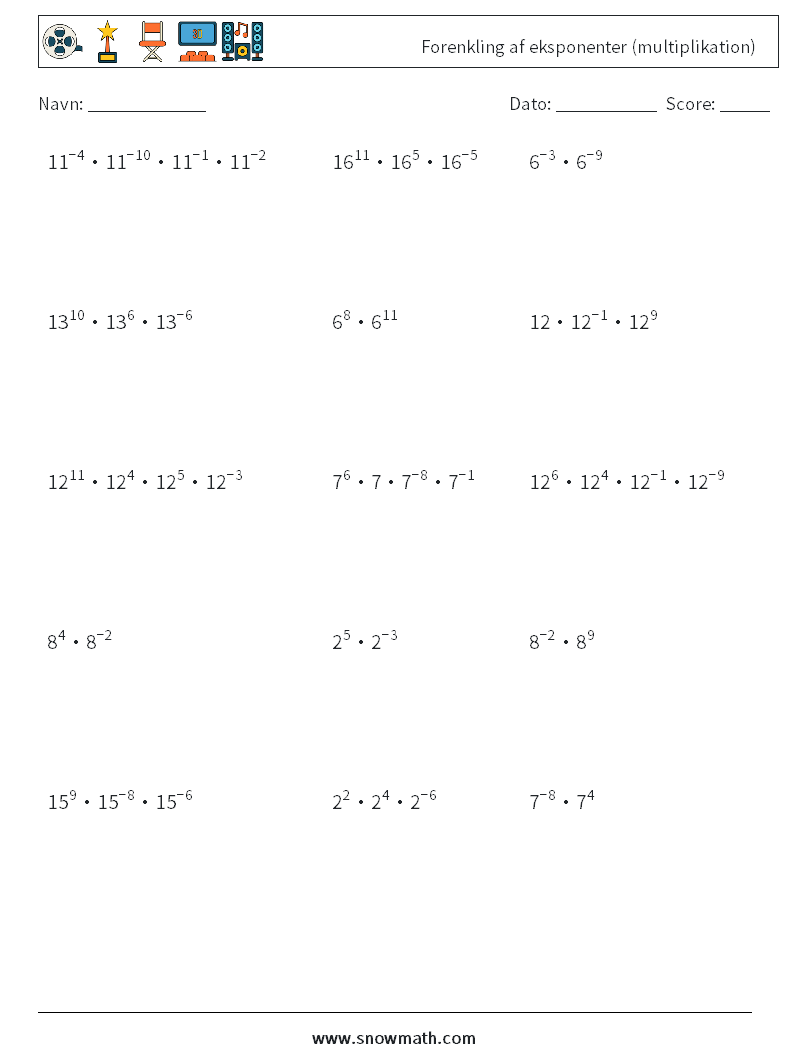 Forenkling af eksponenter (multiplikation) Matematiske regneark 6