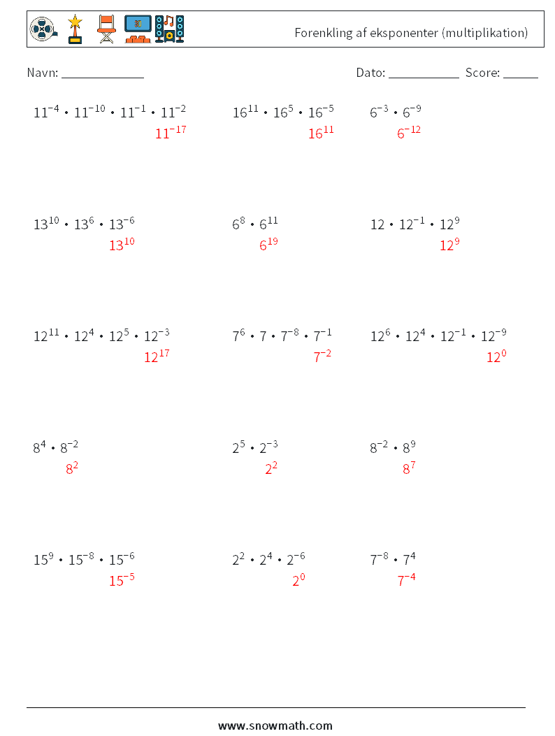 Forenkling af eksponenter (multiplikation) Matematiske regneark 6 Spørgsmål, svar