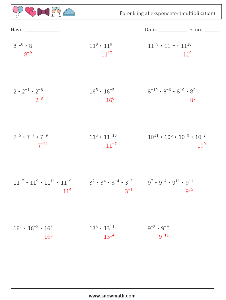 Forenkling af eksponenter (multiplikation) Matematiske regneark 7 Spørgsmål, svar