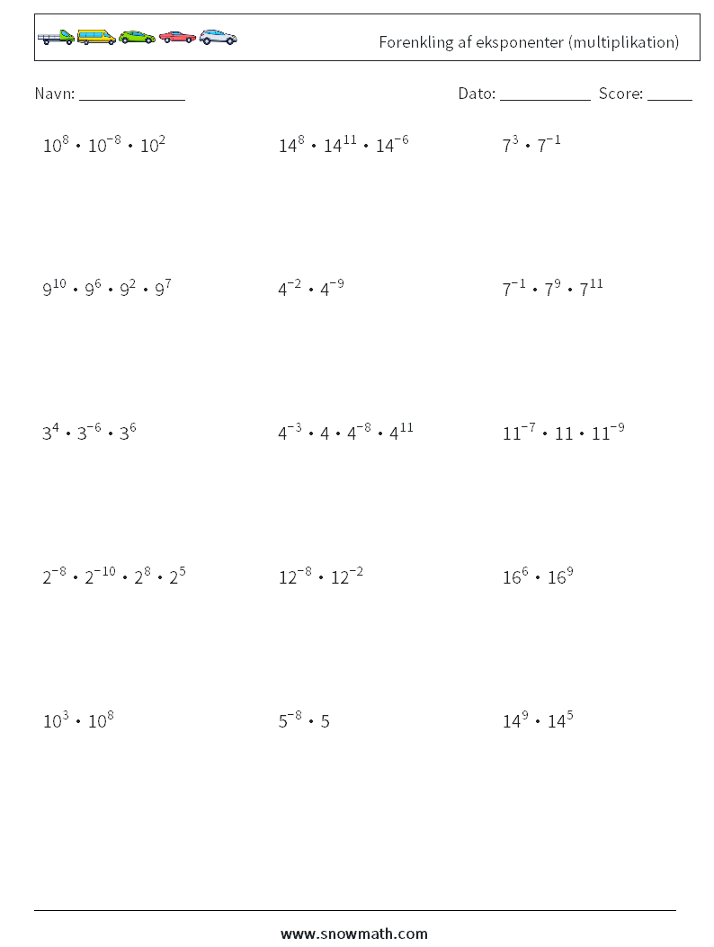 Forenkling af eksponenter (multiplikation) Matematiske regneark 8