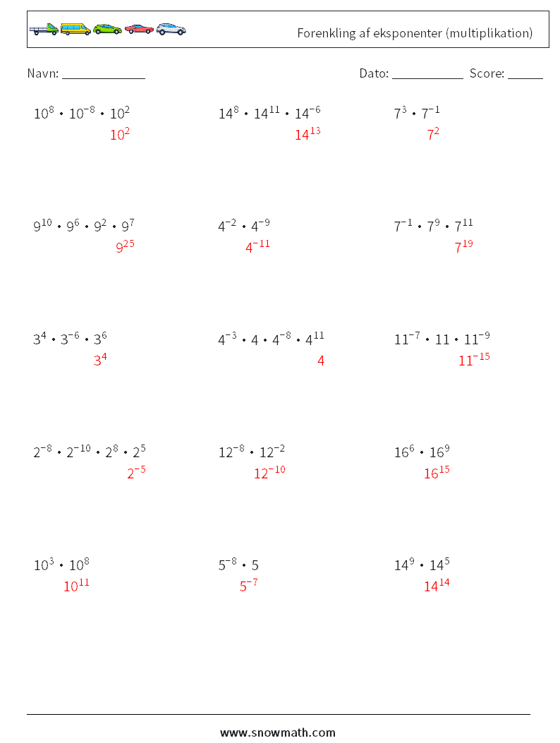 Forenkling af eksponenter (multiplikation) Matematiske regneark 8 Spørgsmål, svar