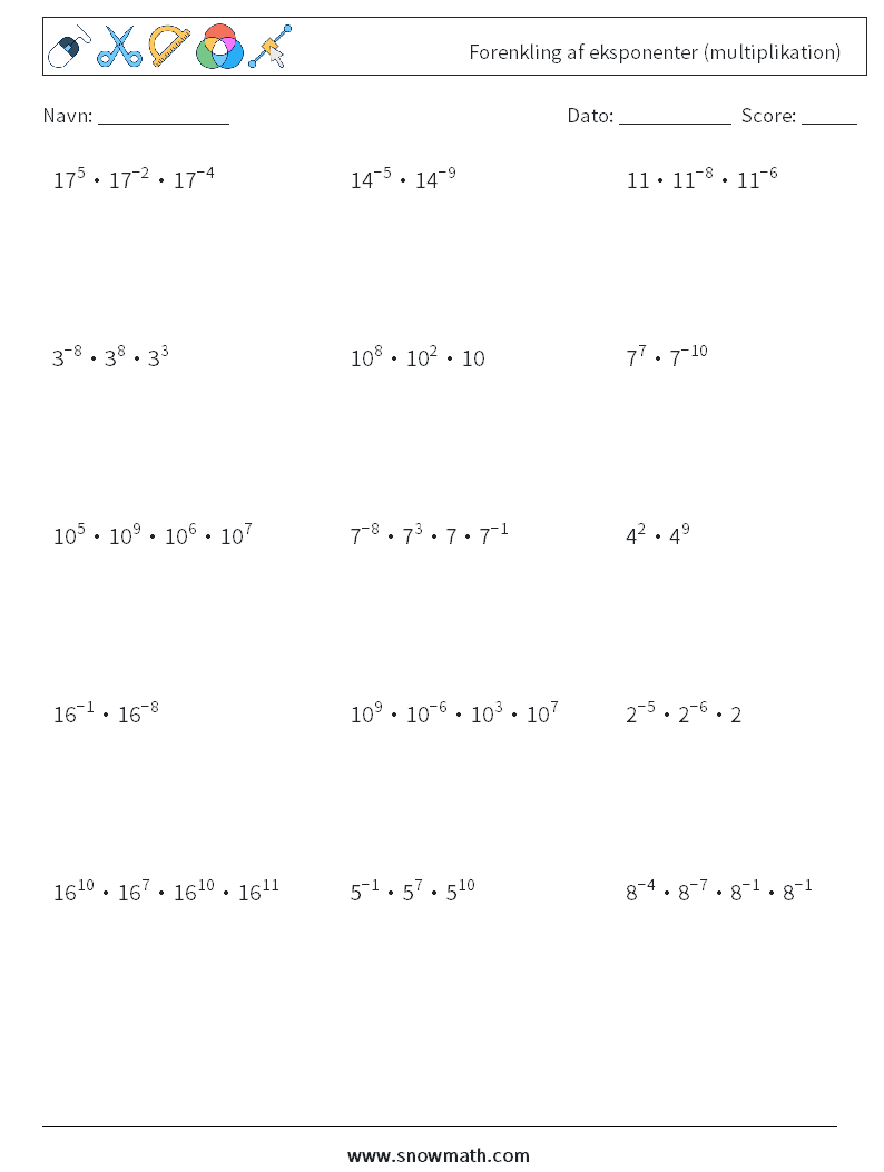 Forenkling af eksponenter (multiplikation) Matematiske regneark 9