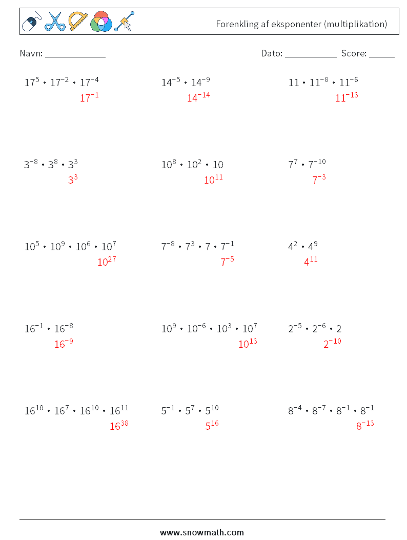 Forenkling af eksponenter (multiplikation) Matematiske regneark 9 Spørgsmål, svar