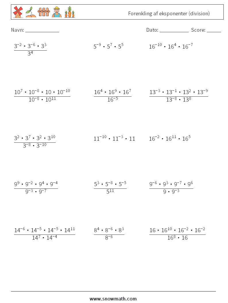 Forenkling af eksponenter (division) Matematiske regneark 1