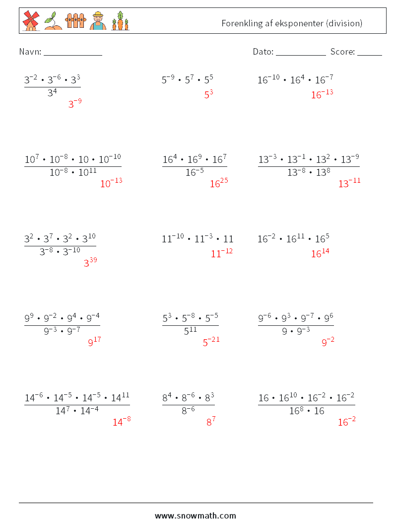 Forenkling af eksponenter (division) Matematiske regneark 1 Spørgsmål, svar