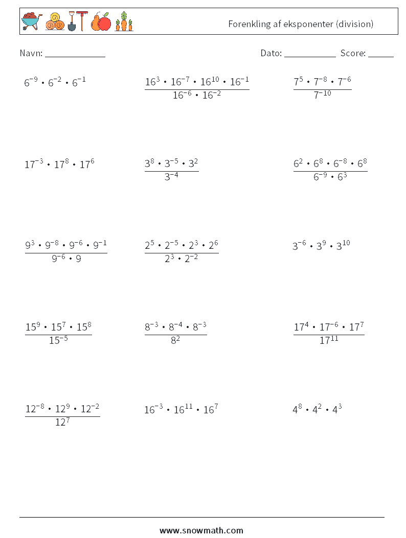 Forenkling af eksponenter (division) Matematiske regneark 2