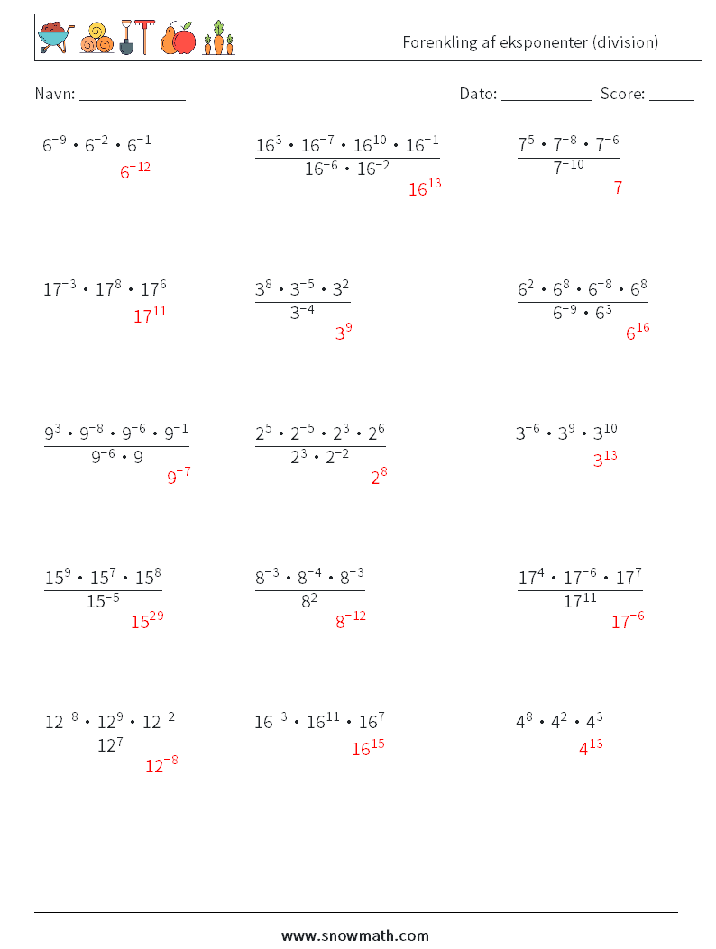 Forenkling af eksponenter (division) Matematiske regneark 2 Spørgsmål, svar