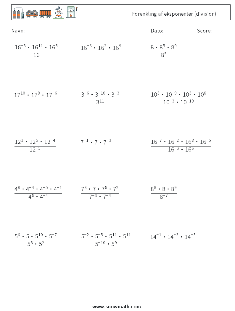 Forenkling af eksponenter (division) Matematiske regneark 3
