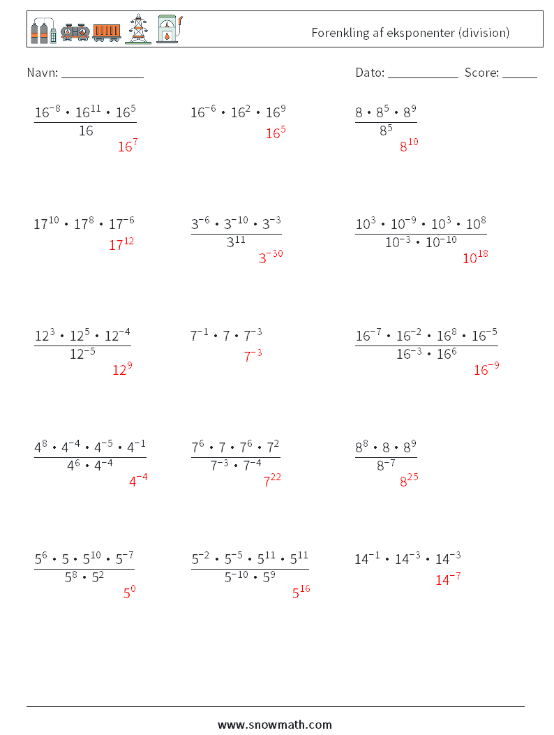 Forenkling af eksponenter (division) Matematiske regneark 3 Spørgsmål, svar