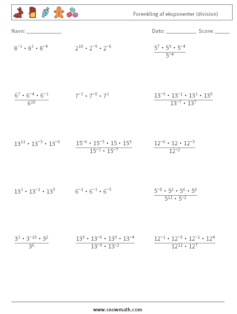Forenkling af eksponenter (division) Matematiske regneark 4