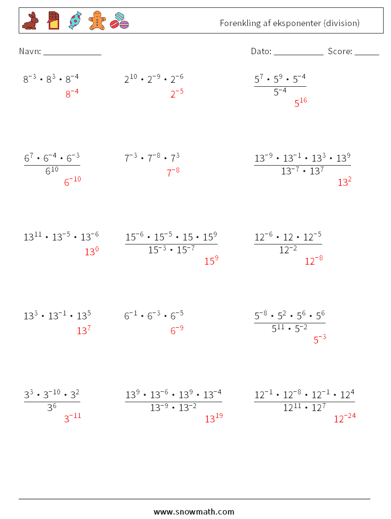 Forenkling af eksponenter (division) Matematiske regneark 4 Spørgsmål, svar
