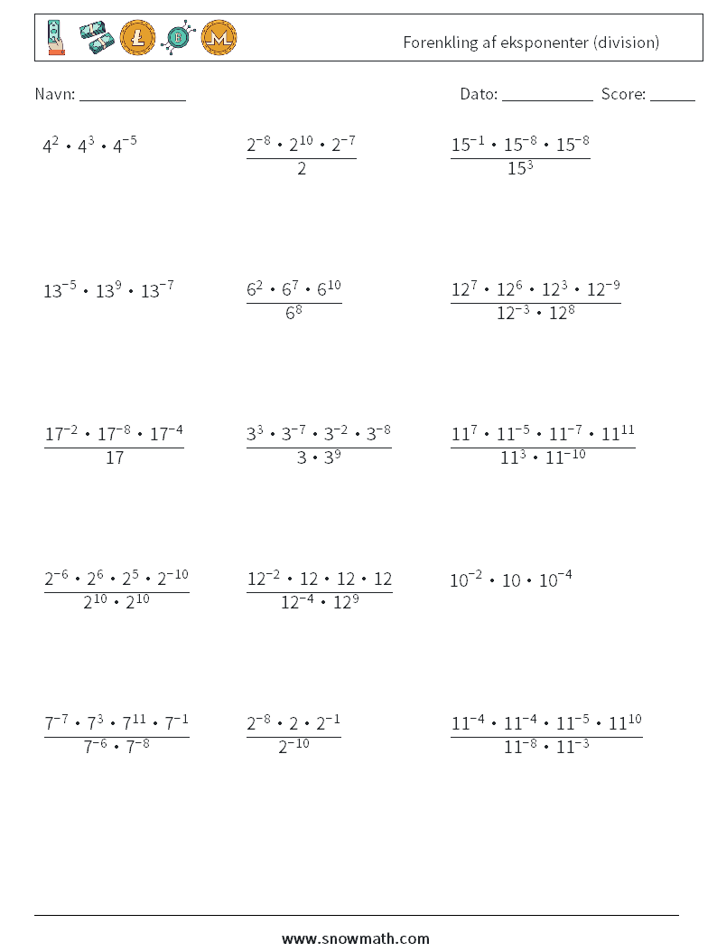 Forenkling af eksponenter (division) Matematiske regneark 5
