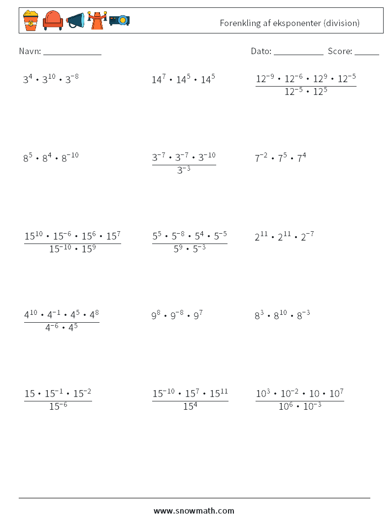 Forenkling af eksponenter (division) Matematiske regneark 6