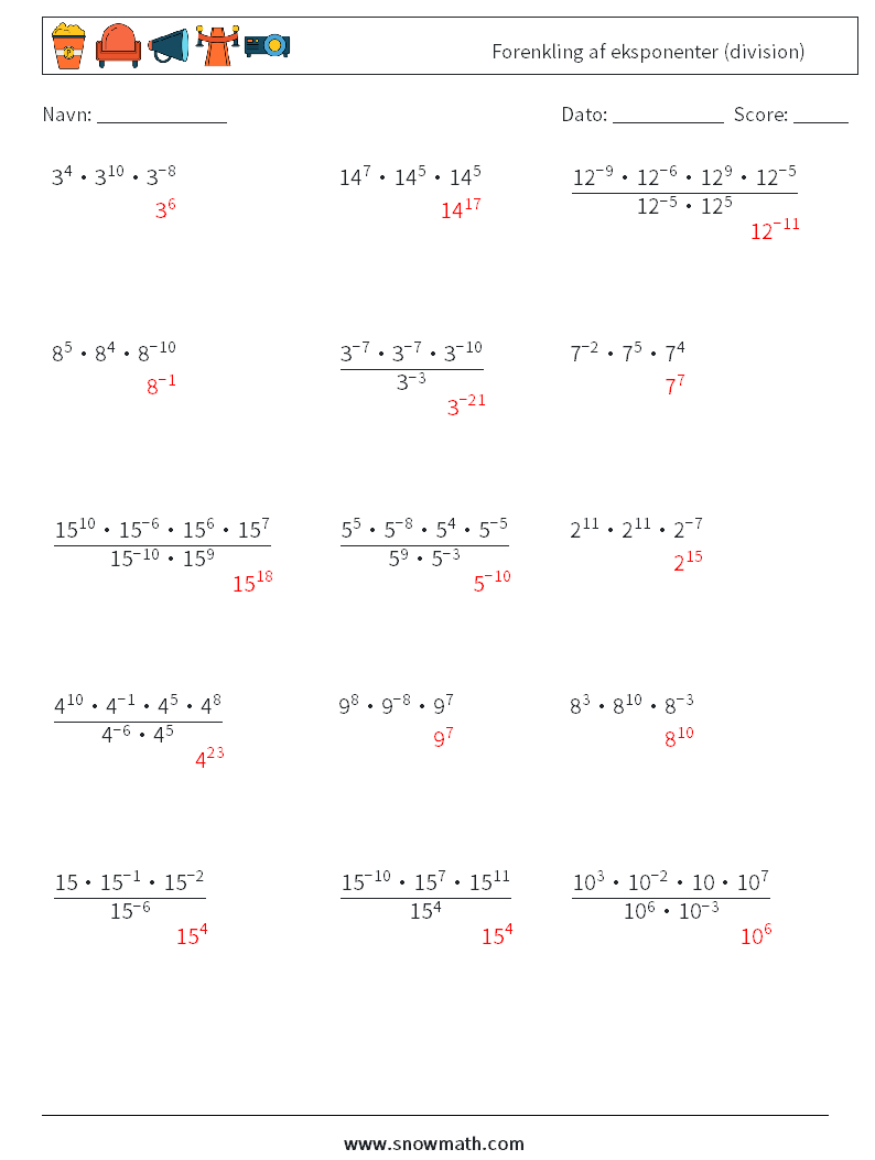 Forenkling af eksponenter (division) Matematiske regneark 6 Spørgsmål, svar