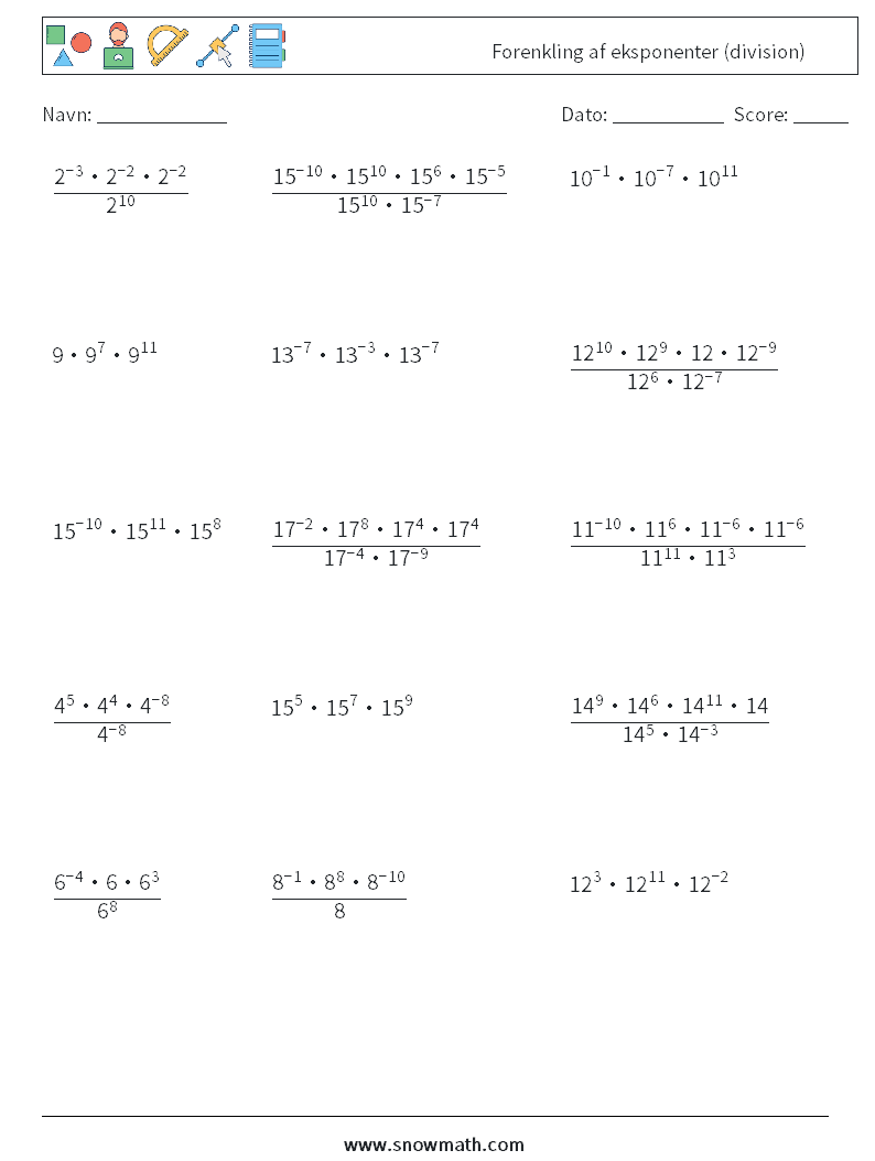 Forenkling af eksponenter (division) Matematiske regneark 7