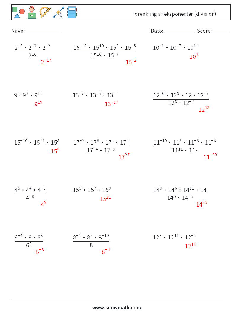 Forenkling af eksponenter (division) Matematiske regneark 7 Spørgsmål, svar