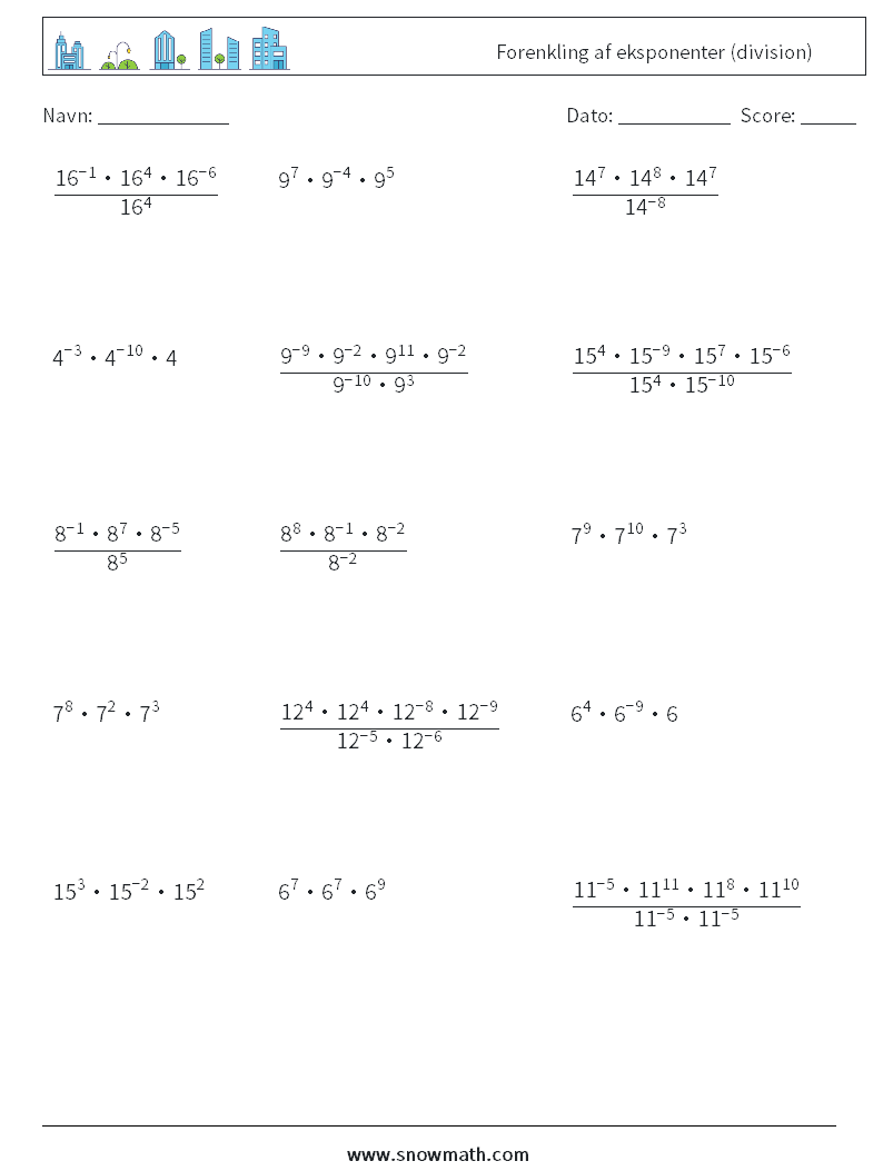 Forenkling af eksponenter (division) Matematiske regneark 8