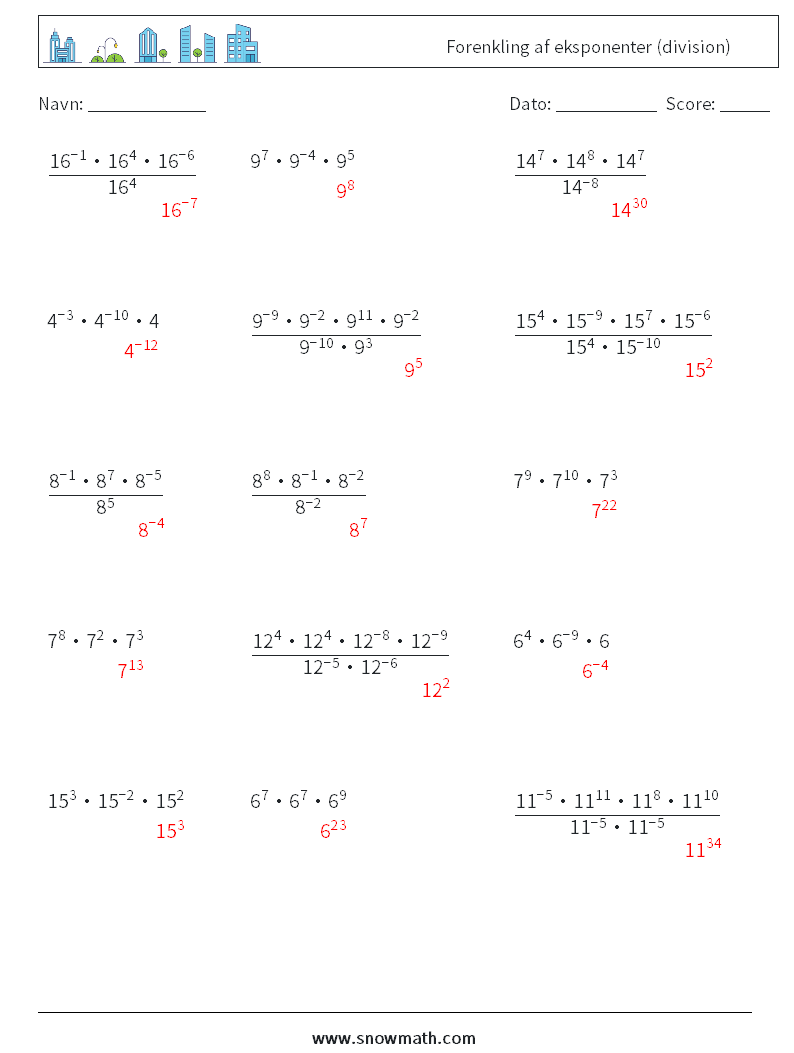 Forenkling af eksponenter (division) Matematiske regneark 8 Spørgsmål, svar